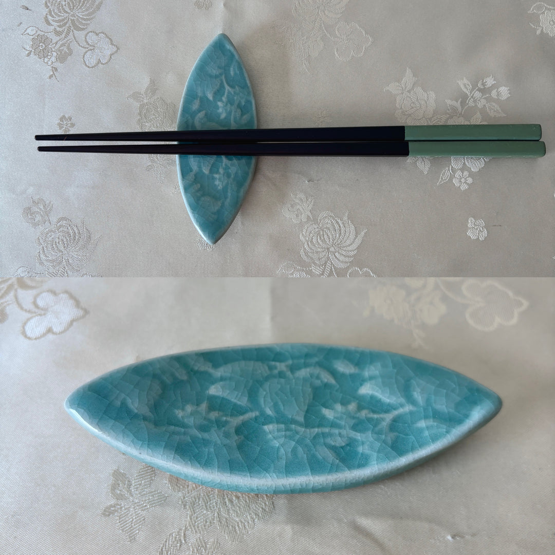 Handmade Korean Celadon Chopstick and Spoon Rest Set with Traditional Motifs