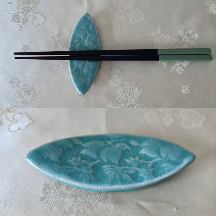 Handmade Korean Celadon Chopstick and Spoon Rest Set with Traditional Motifs