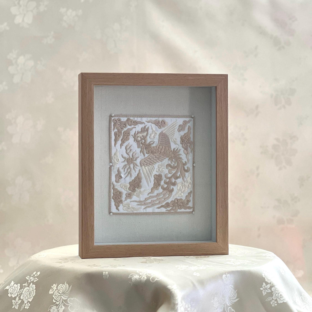 Embroidered Art Patch: Phoenix and Cloud Motif in Frame