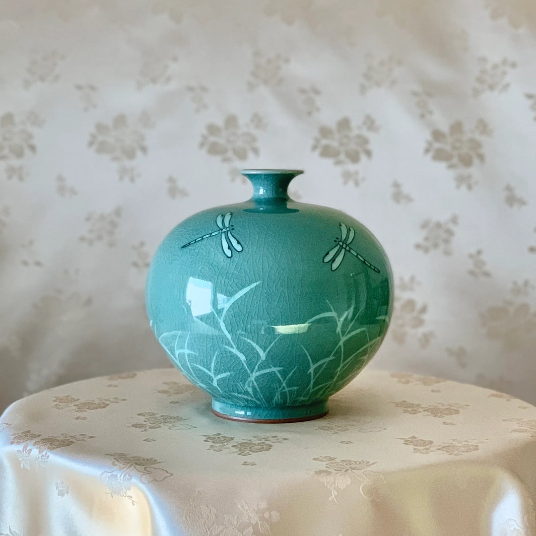 Celadon Vase: Inlaid Dragonfly Motif