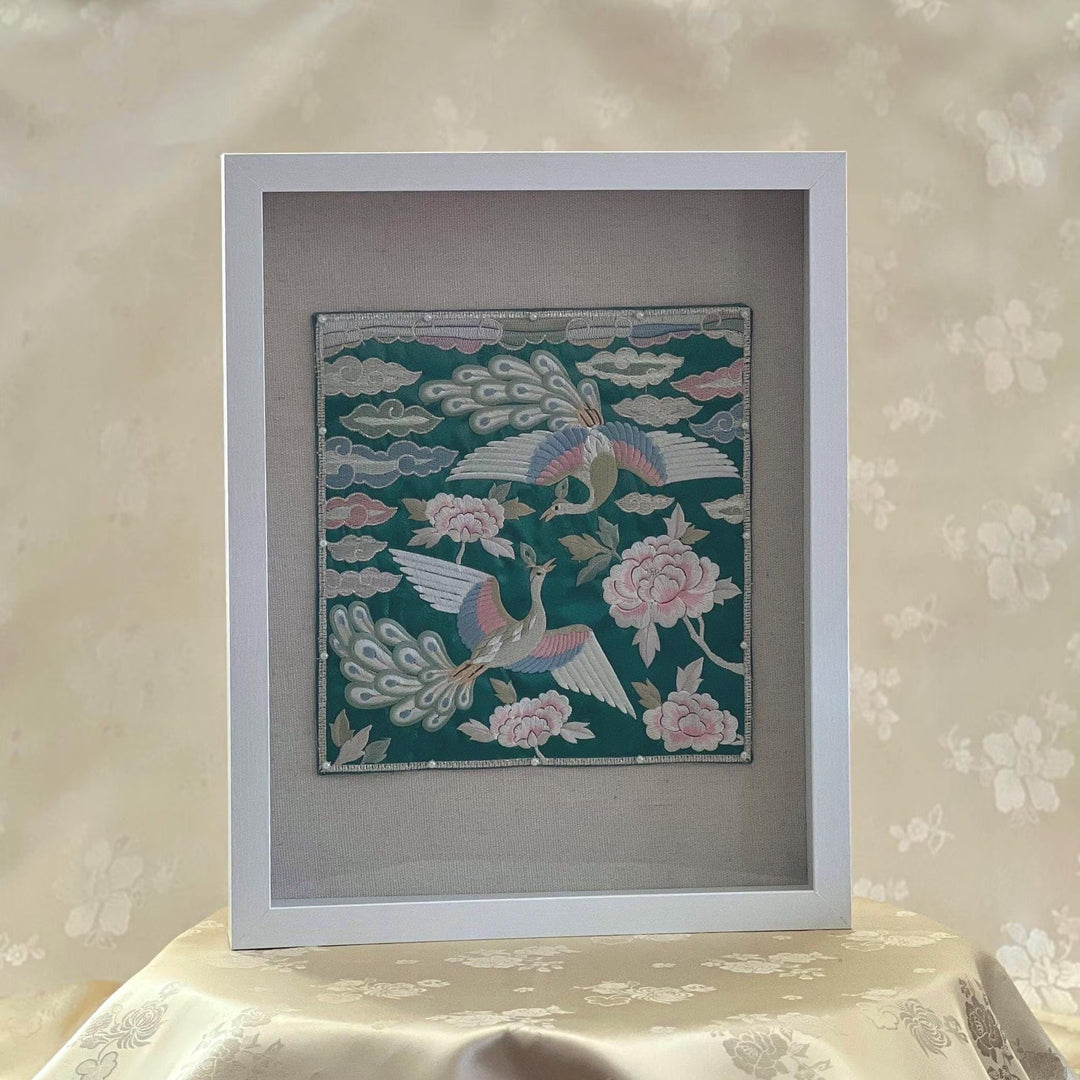 Embroidered Art Patch: Peacock Pair and Peony Motif in Frame, Green