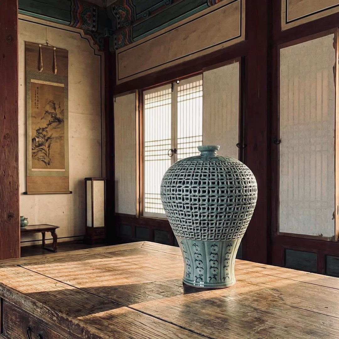 Celadon Maebyeong Vase Pair: Double-Wall Openwork with Peony and Chilbo Motifs