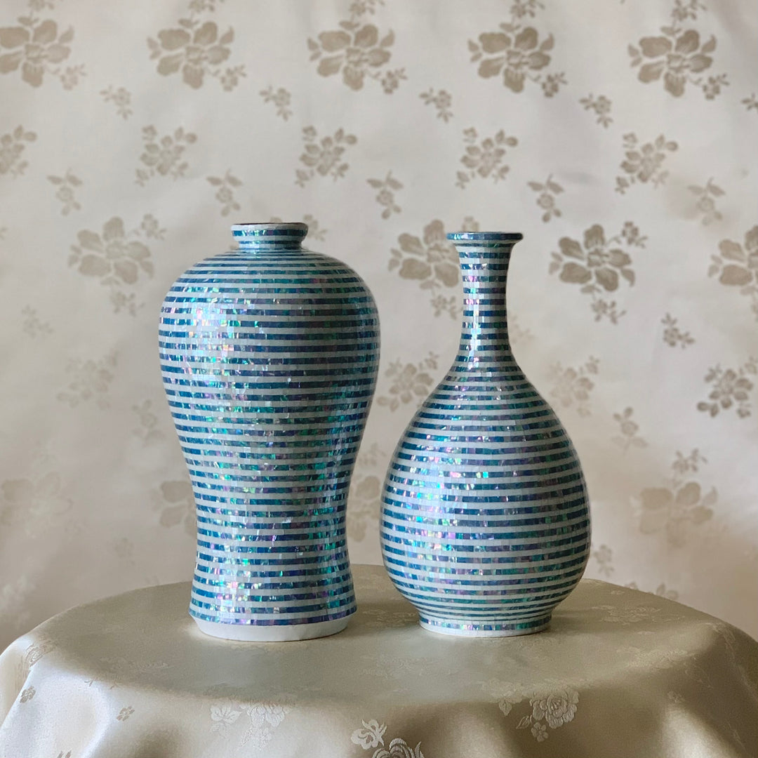 Mother of Pearl Ceramic Vase Set with Stripe Pattern (줄무늬 자개 매병 주병 세트)