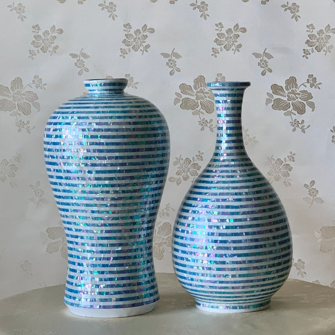 Mother of Pearl Ceramic Vase Set with Stripe Pattern (줄무늬 자개 매병 주병 세트)