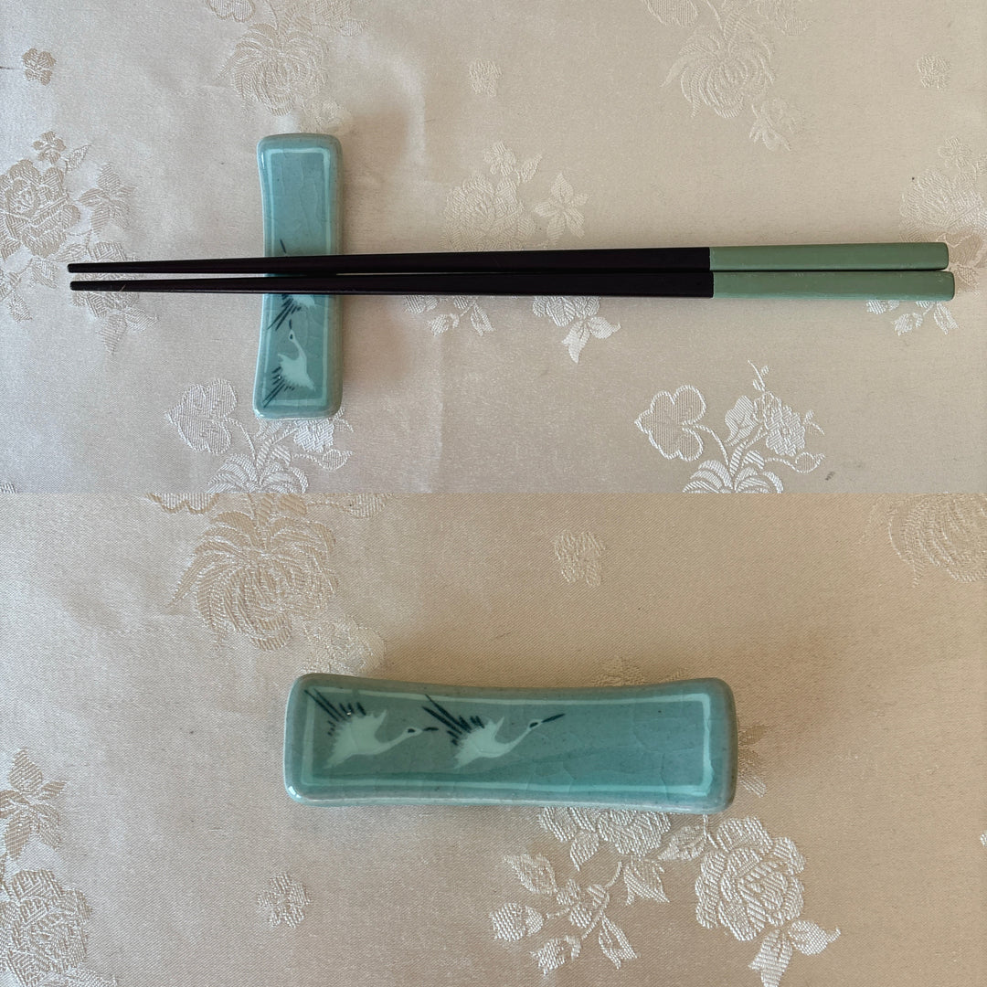 Jade Green Korean Celadon Utensil Rest with Inlaid Crane Motif for Peace