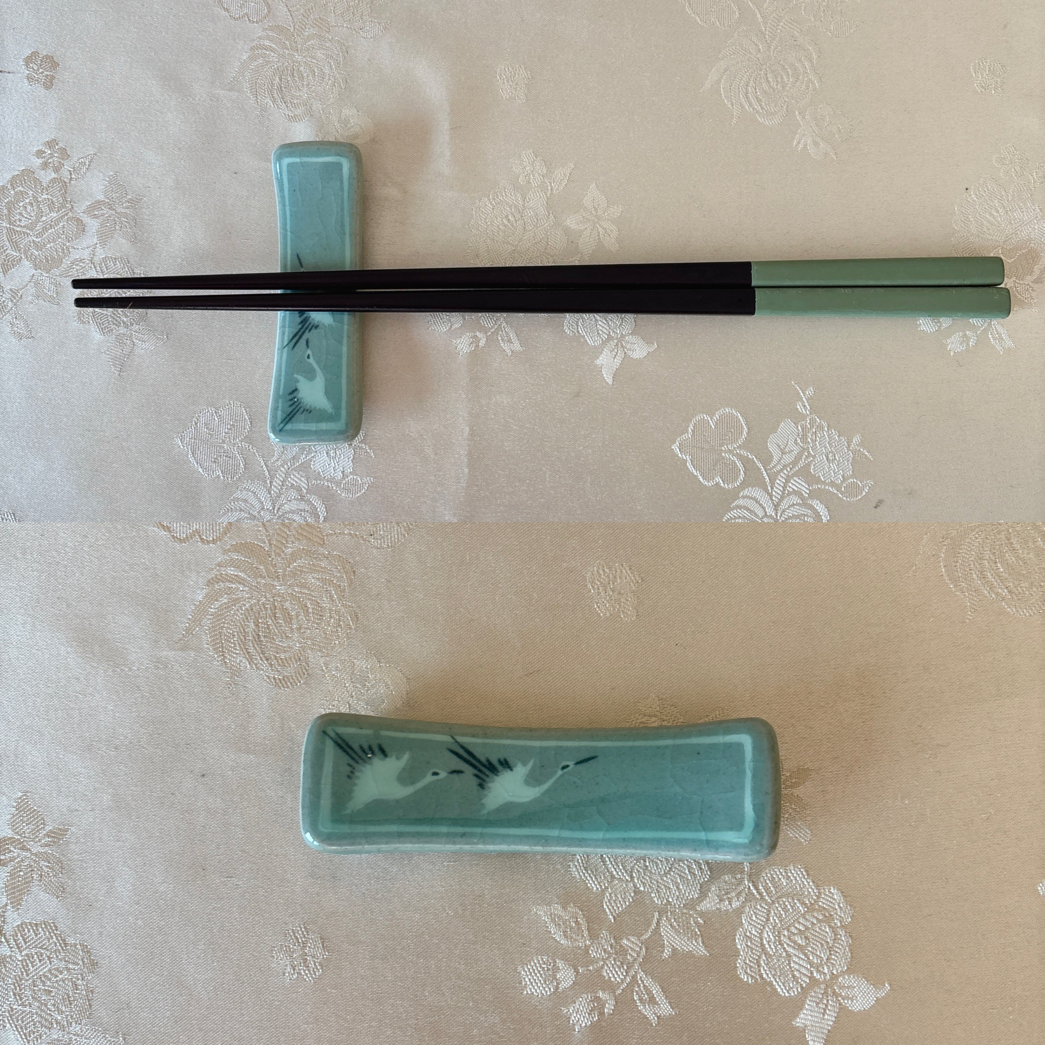 Jade Green Korean Celadon Utensil Rest with Inlaid Crane Motif for Peace