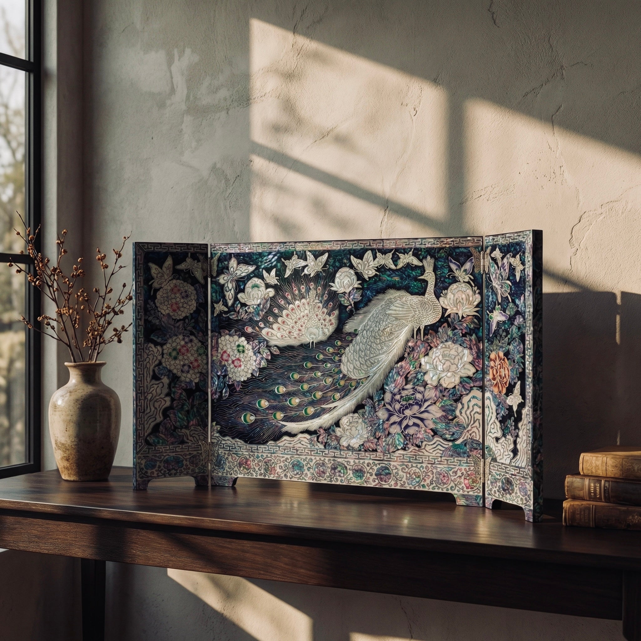 Decorative screen with peacock design on a wooden table near a window