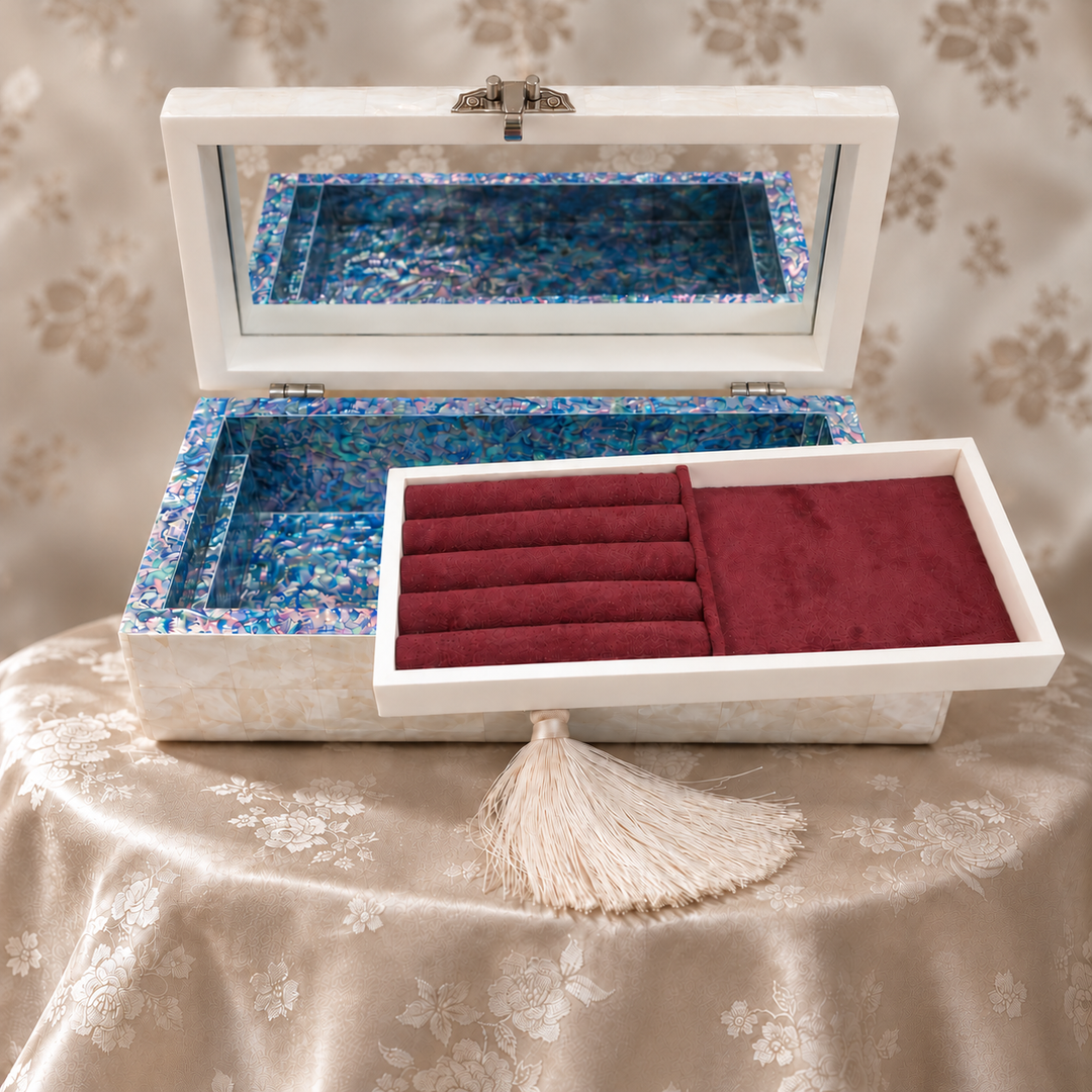 Mother-of-Pearl Arched-Lid Jewelry Box: Mosaic Pattern with White Shell Ground