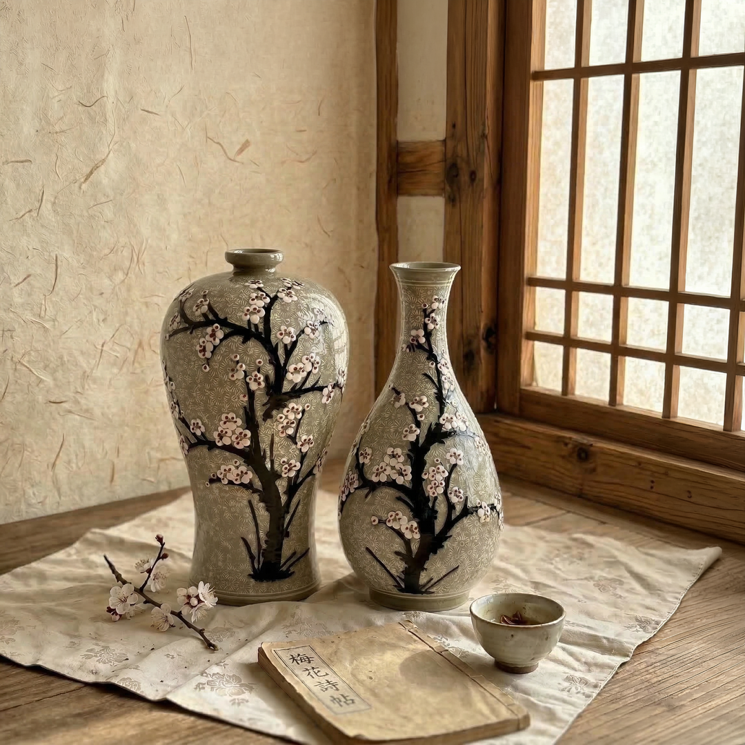 Buncheong Maebyeong and Jubyeong Vase Set: Stamped Chrysanthemum Ground with Plum Blossom Motif