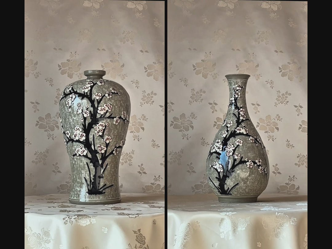 Buncheong Vase Set: Stamped Chrysanthemum Ground with Plum Blossom Motif