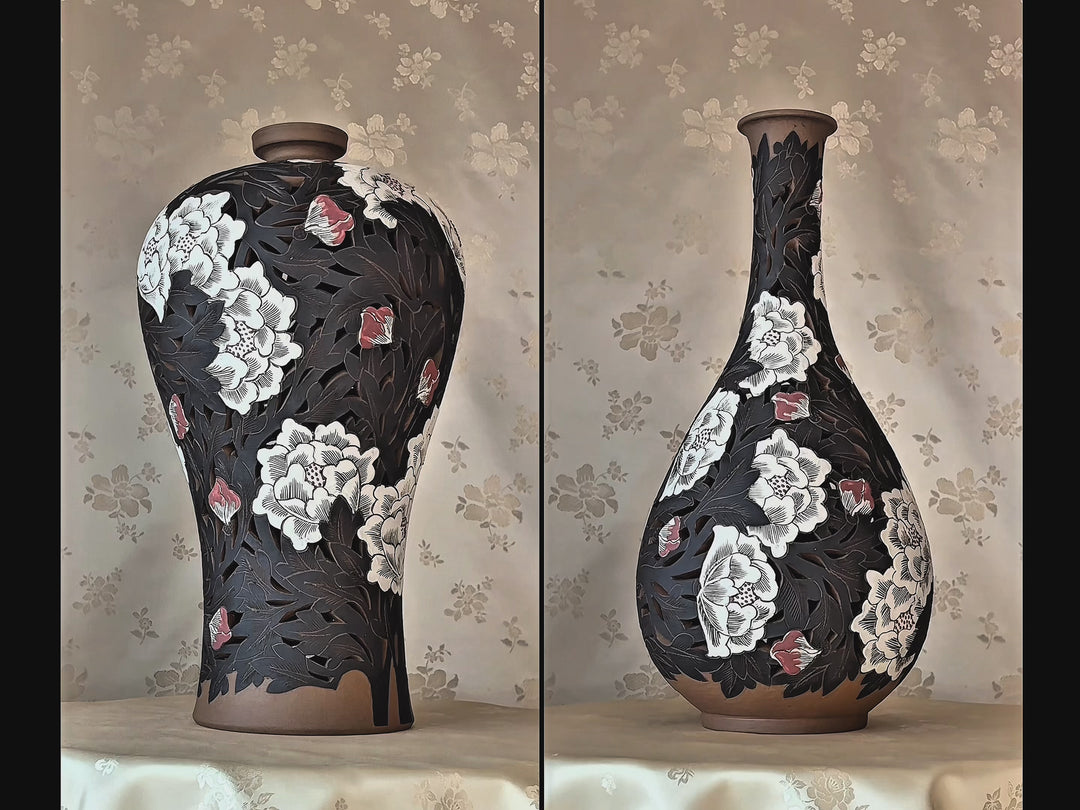 Buncheong Openwork Vase Set: Grand-Scale, Peony Motif with Three-Color Slip, Unglazed Finish