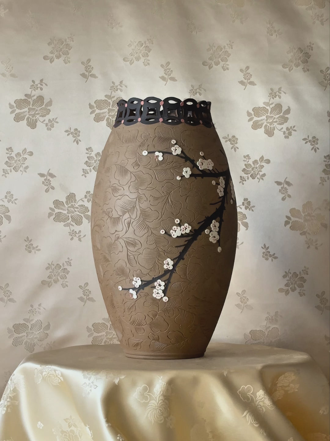 Unglazed Ceramic Vase: Buncheong Clay Body with Plum Blossom Branch and Openwork Rim