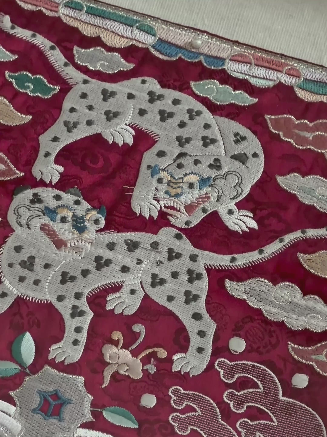 Embroidered Art Panel: Tiger Pair Motif on Red Ground