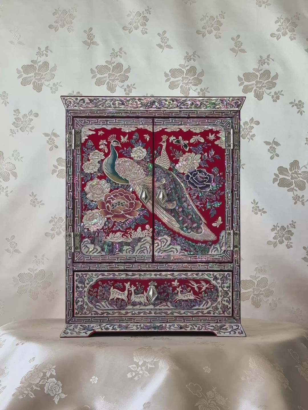 Mother-of-Pearl Double-Doored Jewelry Chest: Grand Scale, Longevity Motif on Red Ground