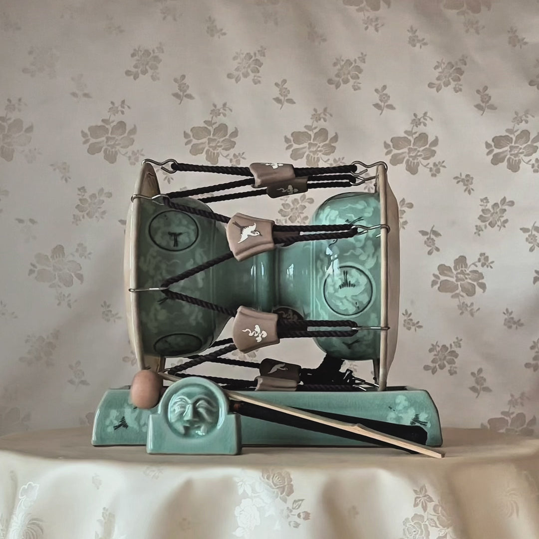 Celadon Display Janggu Drum (Large): Inlaid Crane and Cloud Motif by Master Artisan