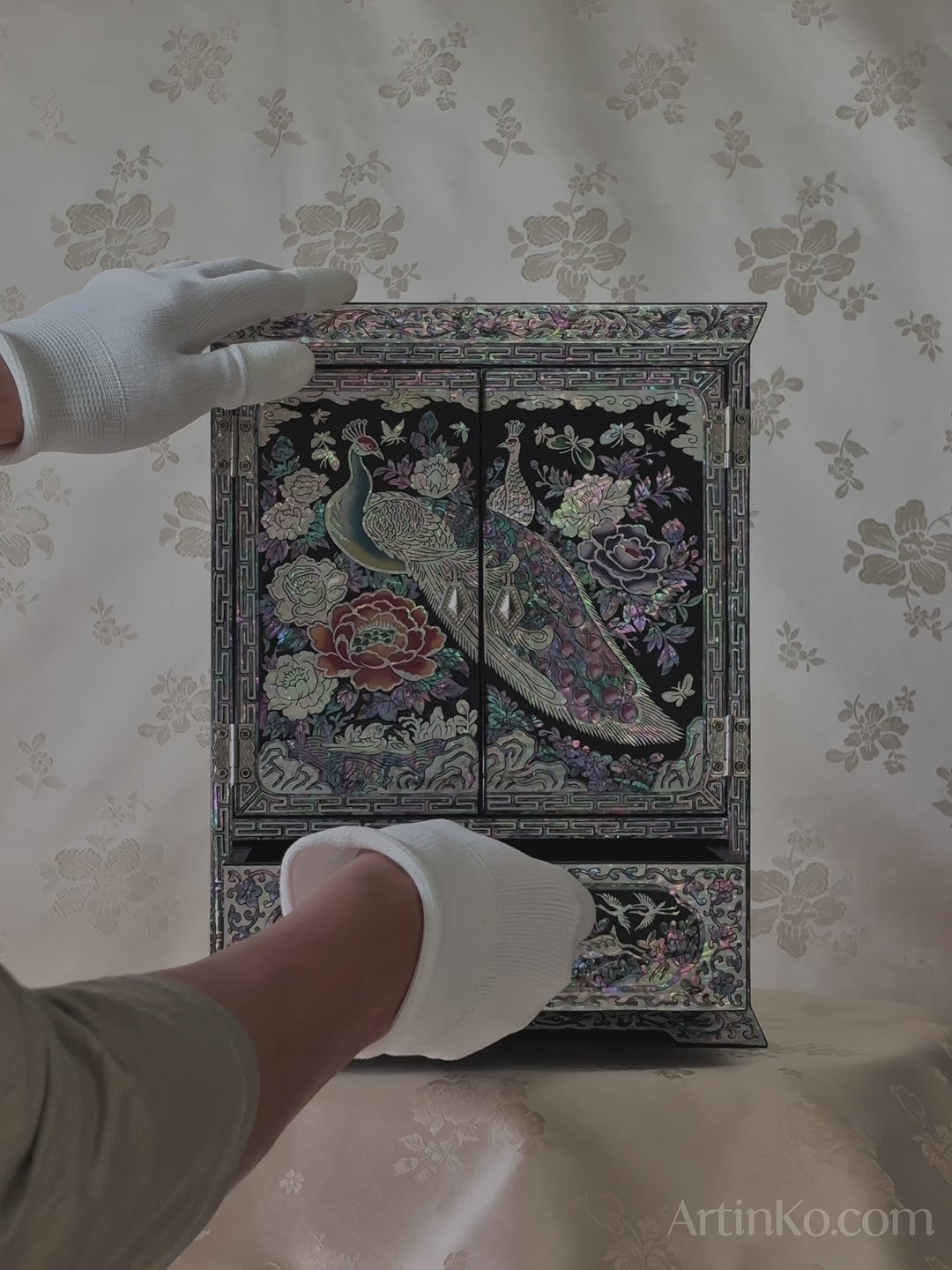 Mother-of-Pearl Double-Doored Jewelry Chest: Grand Scale, Longevity Motif on Black Ground