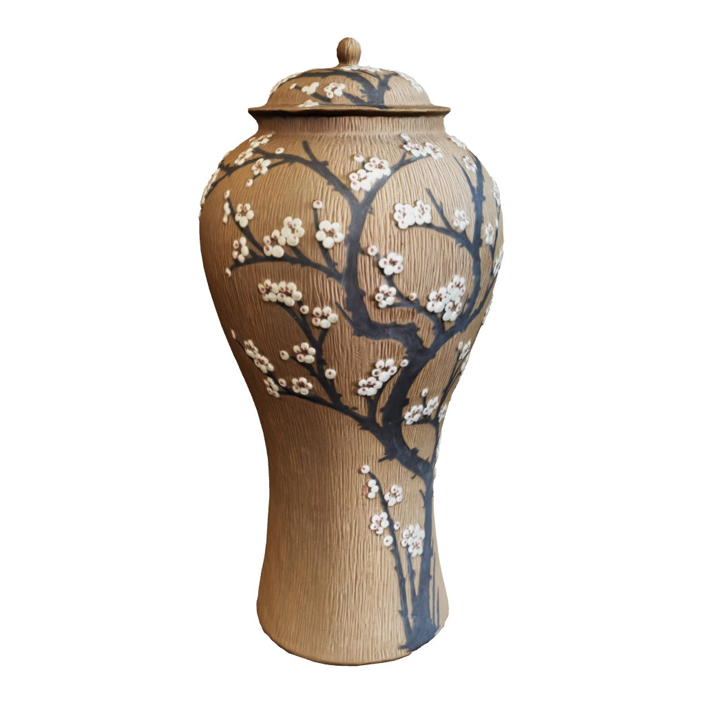 Unglazed Ceramic Maebyeong Jar with Lid: Inlaid Plum Blossom Branches