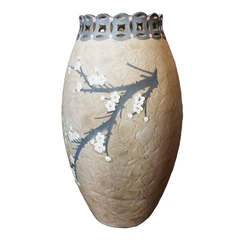 Unglazed Ceramic Vase: Buncheong Clay Body with Plum Blossom Branch and Openwork Rim