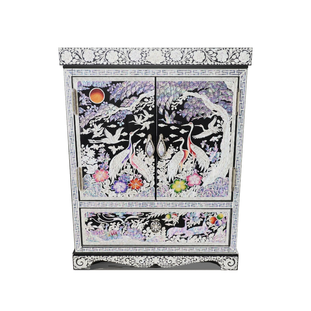 Mother-of-Pearl Double-Doored Jewelry Chest: Grand scale, Ten Symbols of Longevity Motif