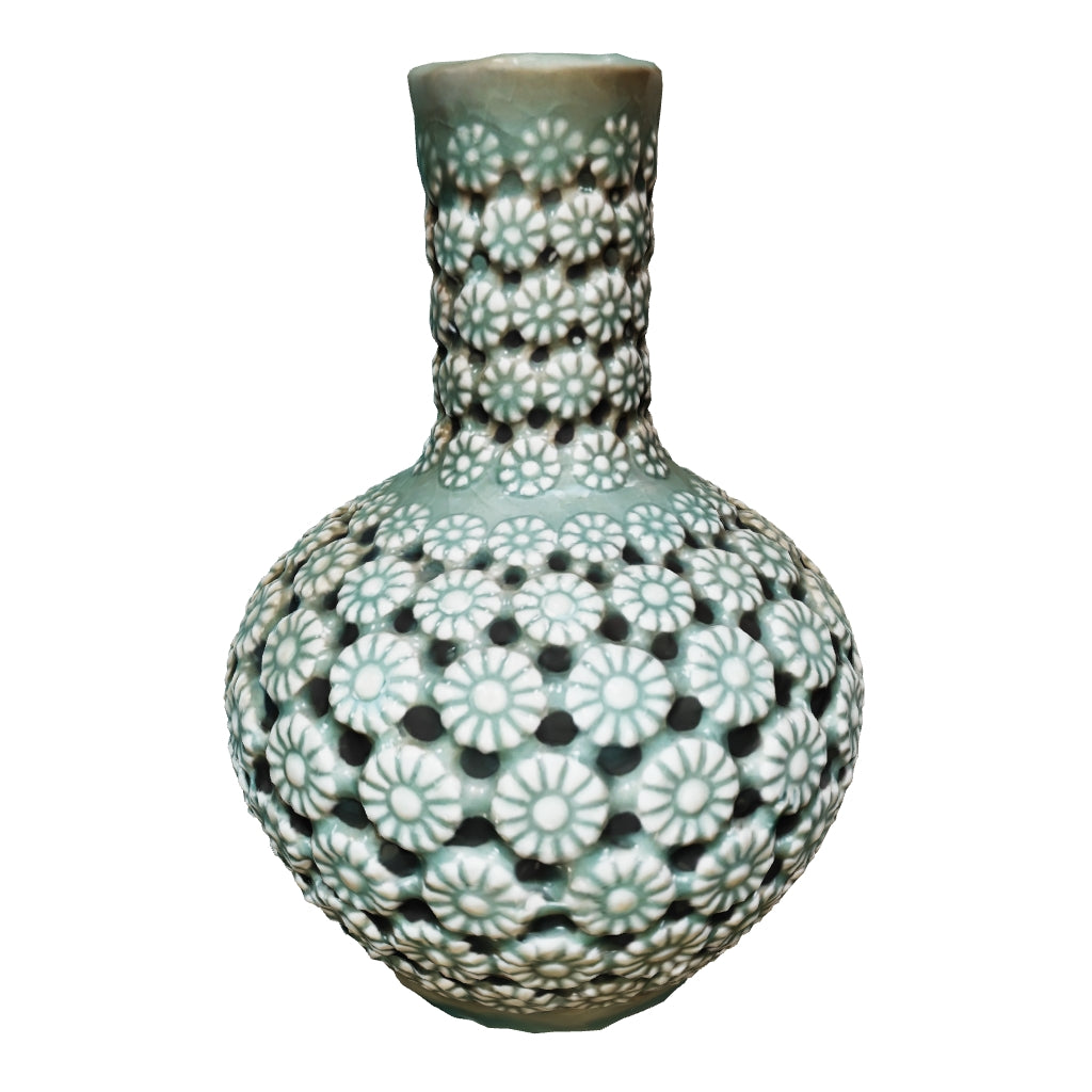 Celadon Double-Walled Openwork Vase: Chrysanthemum Motif by Master Artisan