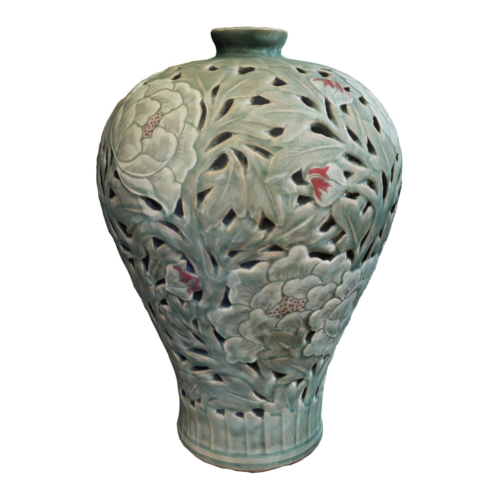 Celadon Double-Walled Openwork Vase: Sgraffito (Bakji) with Peony Motif