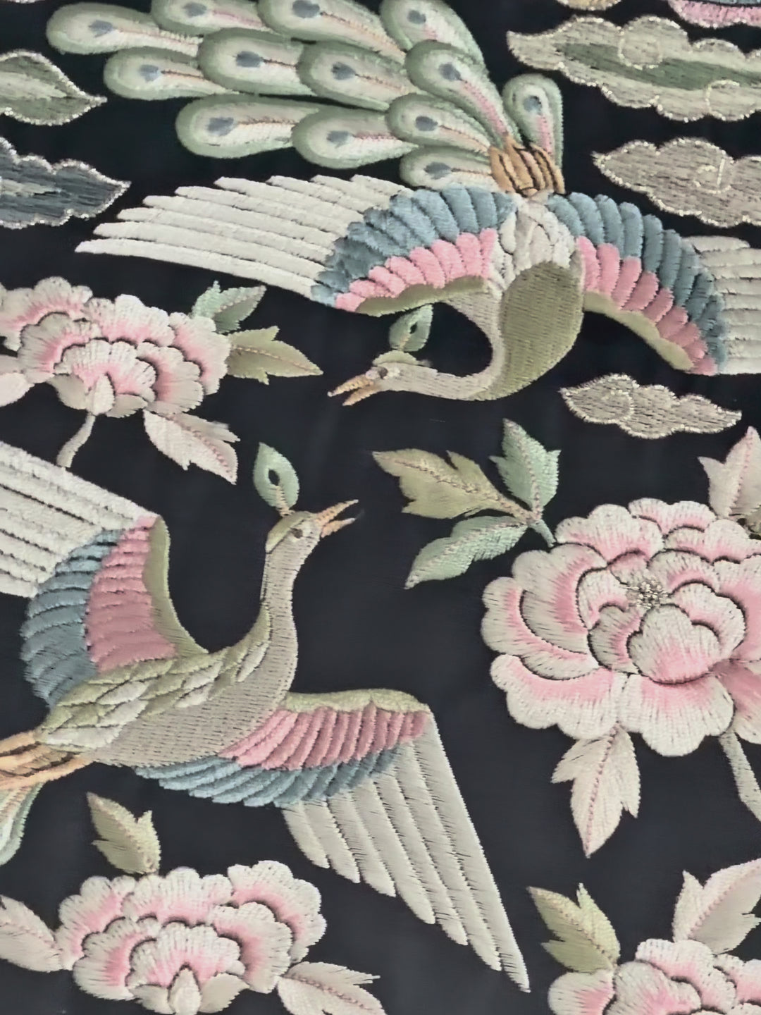 Embroidered Art Panel: Peacock Pair and Peony Motif on Navy Ground