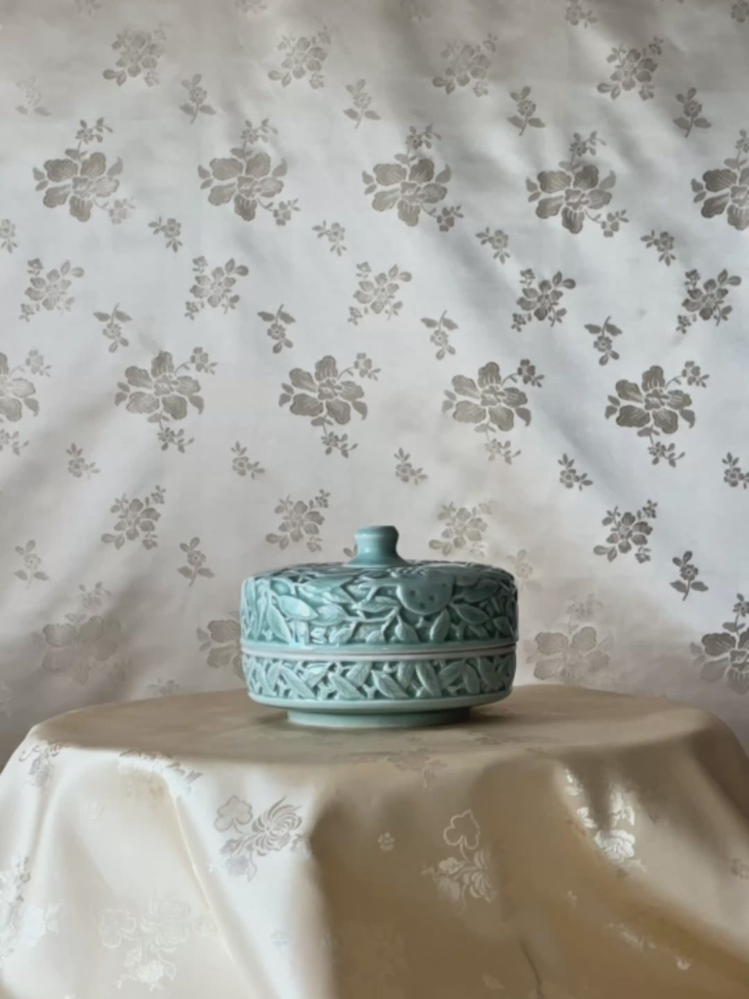 Celadon-Glazed Porcelain Covered Box and Single-Stem Vase: Pomegranate Motif