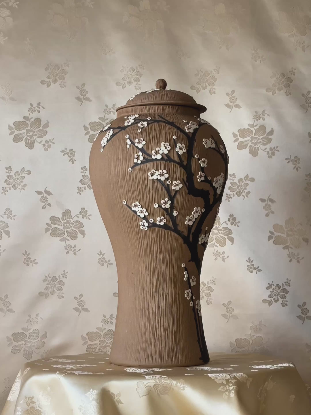 Unglazed Ceramic Maebyeong Jar with Lid: Inlaid Plum Blossom Branches
