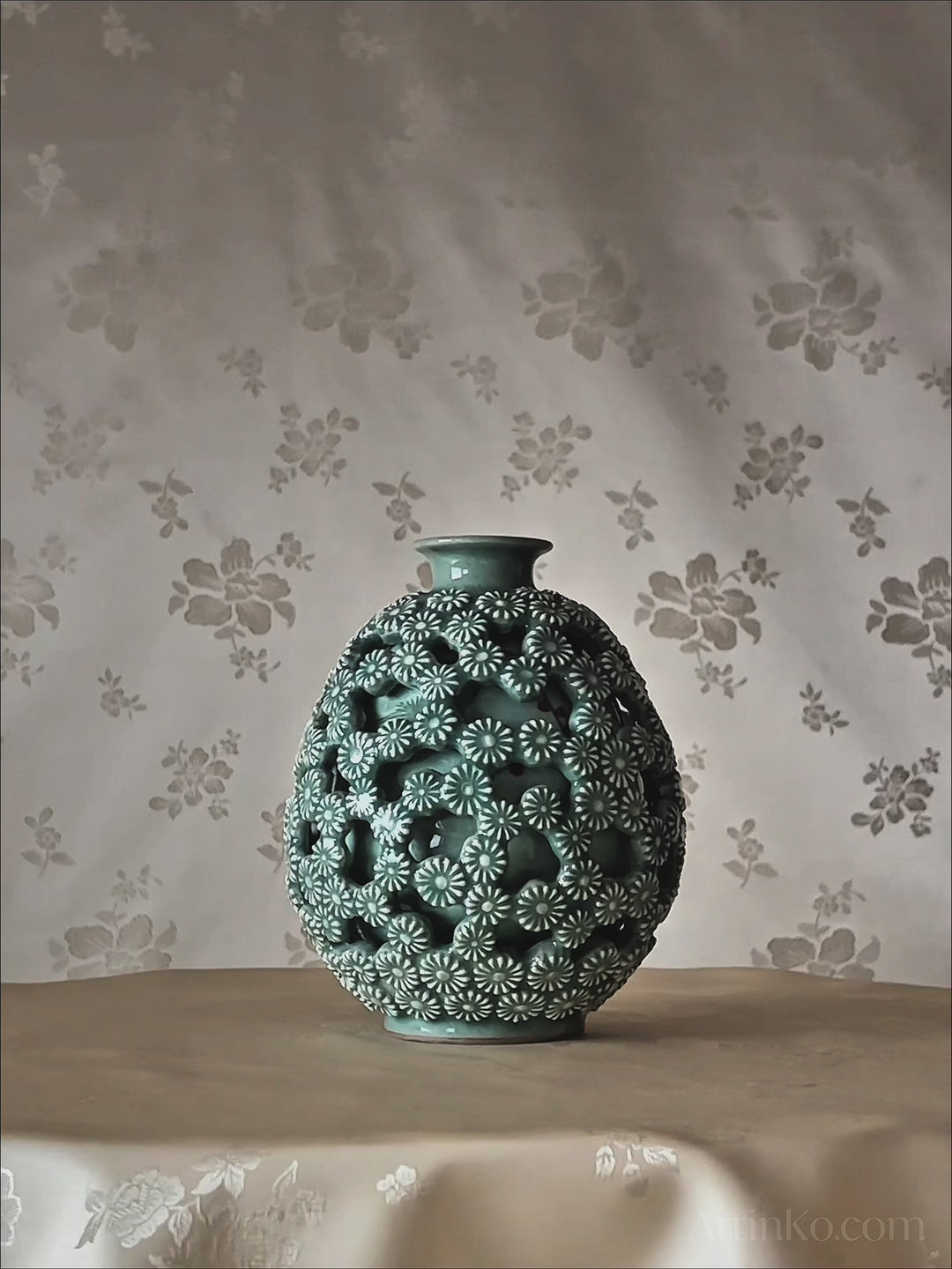 Celadon Double-Walled Openwork Vase: Chrysanthemum and Crane-Plum Blossom Motifs