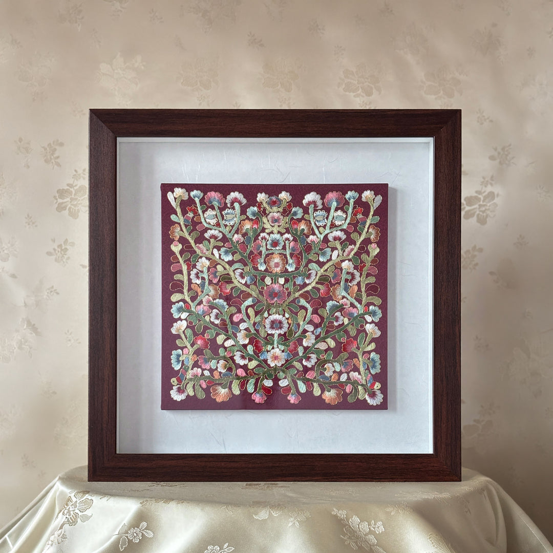 Embroidered Wall Art: Traditional Vine Pattern on Deep Red Silk in Wooden Frame