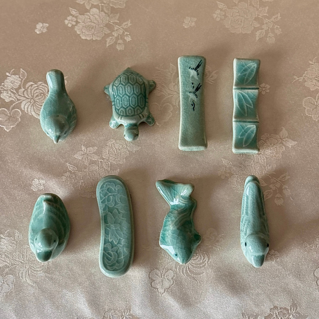Set of green ceramic animal figurines korean traditional patterns