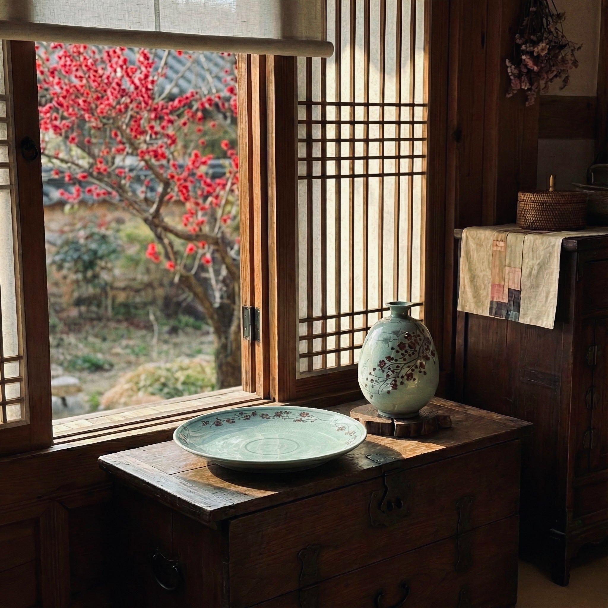 Traditional Korean interior with wooden furniture, ceramic plates, and a vase near a window with cherry blossoms outside.