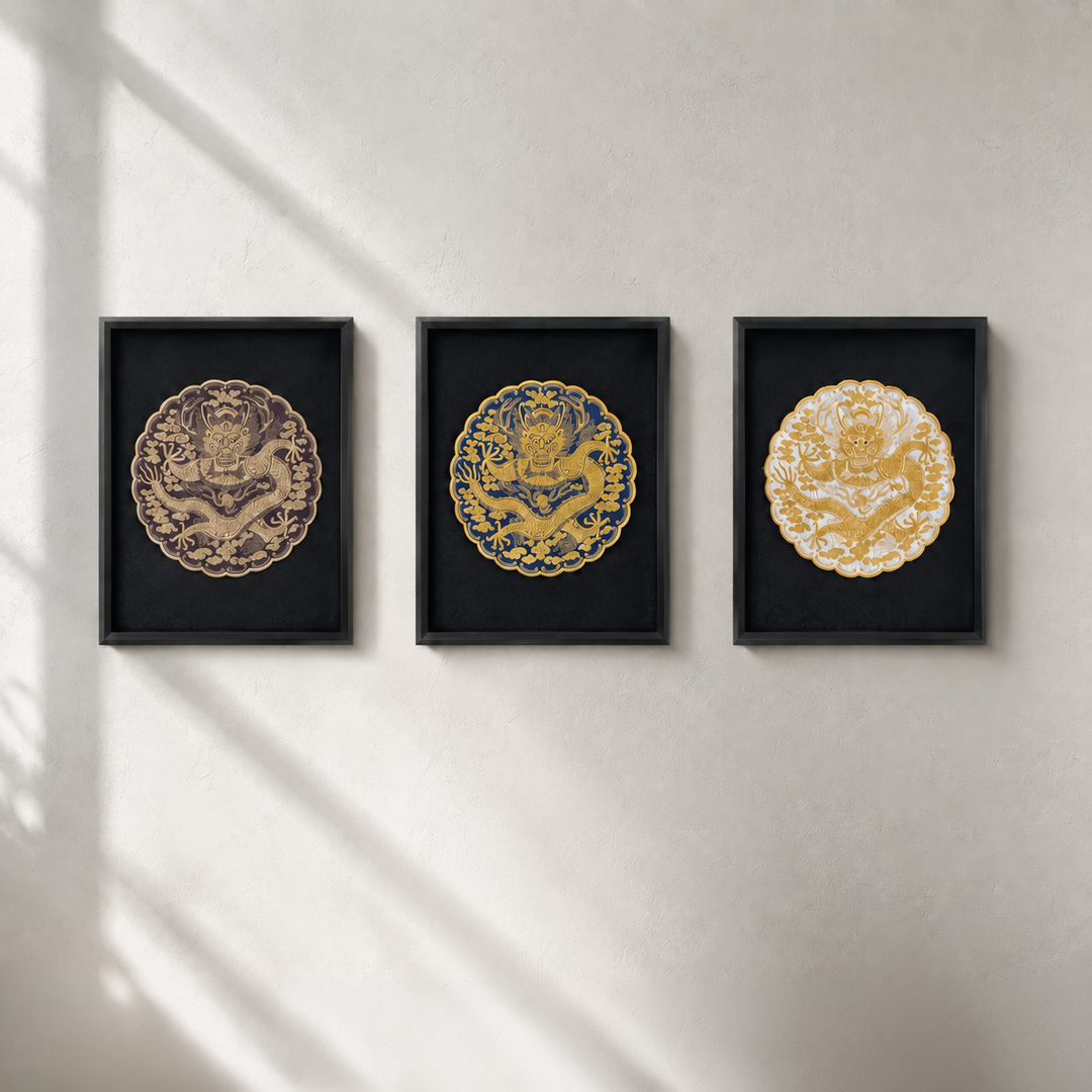 Embroidered Art Panel : Joseon Royal Dragon Insignia (Yongbo), Black Frame