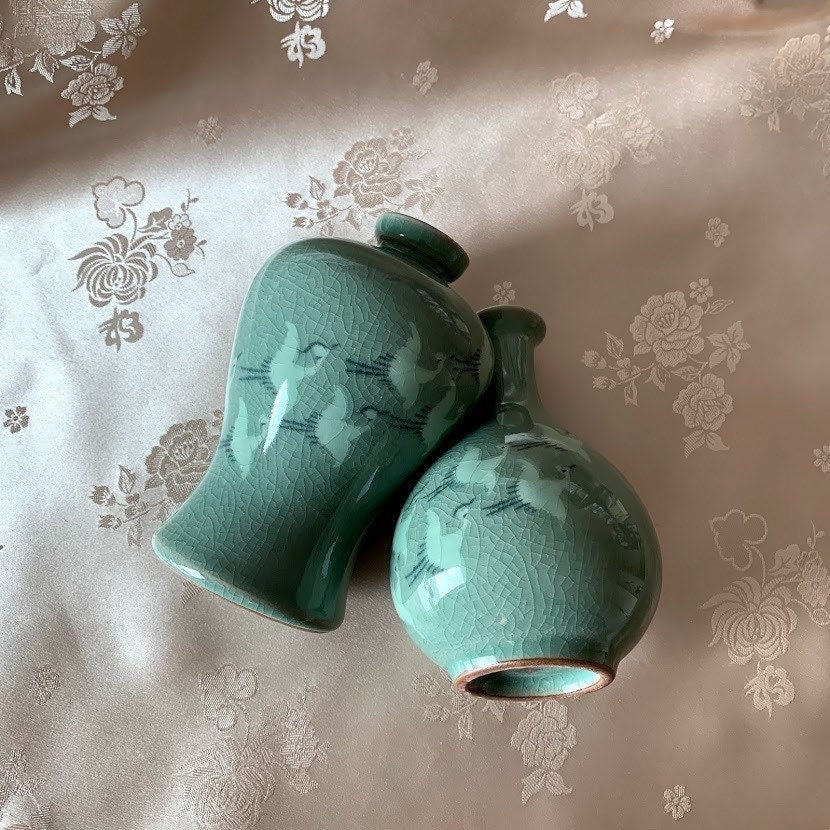 Celadon Mini-Vasen-Set mit fliegenden Kranichen