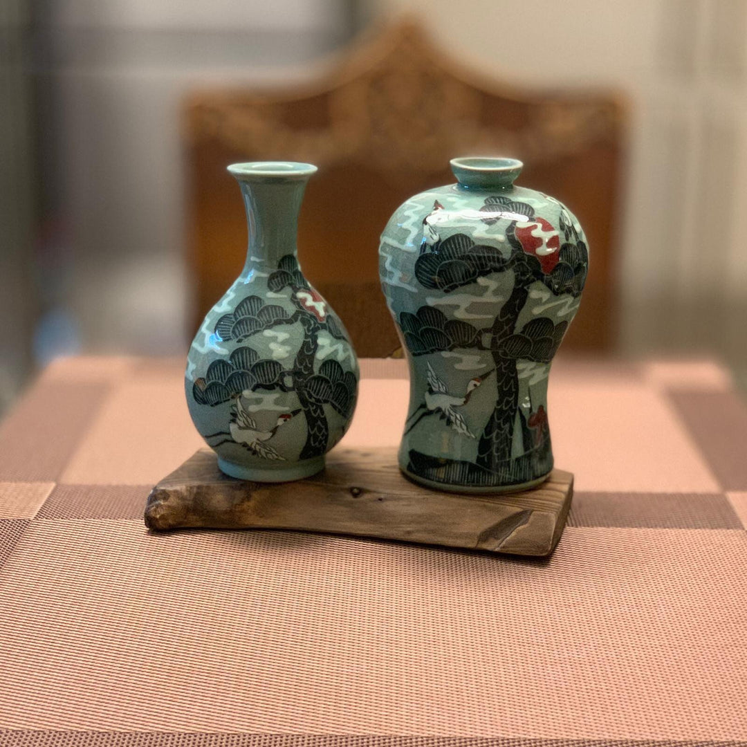 Korean traditional Celadon vase set with pine trees