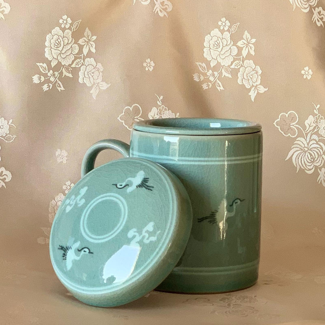 Korean traditional Celadon tea cup with infuser cranes pattern