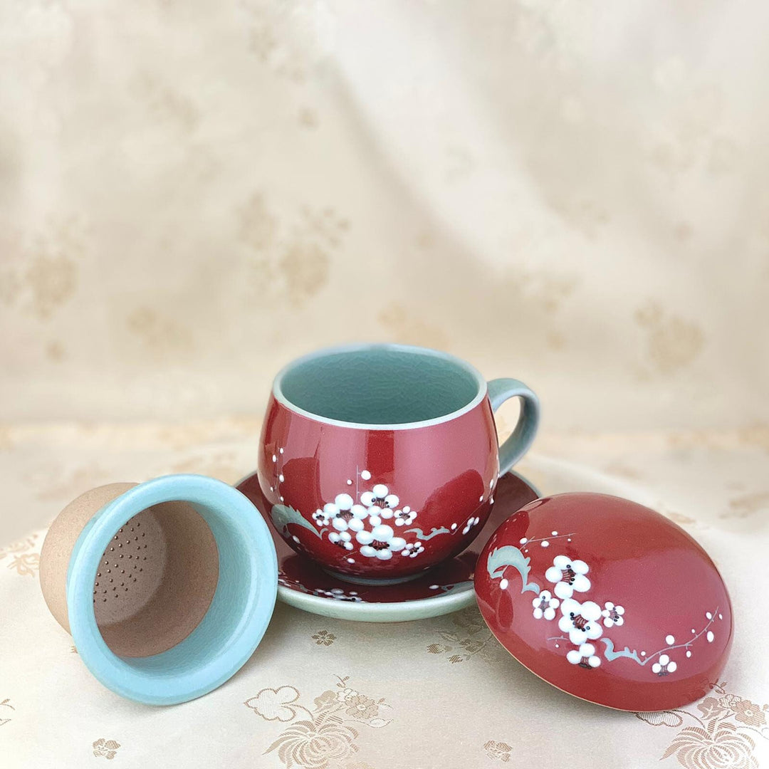 Red Celadon Tea Cup with Plum Blossom Pattern Including Infuser and Plate (청자 동화 매화문 찻잔)