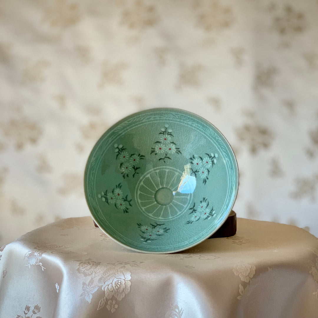Korean traditional Celadon collectible plate with flowers