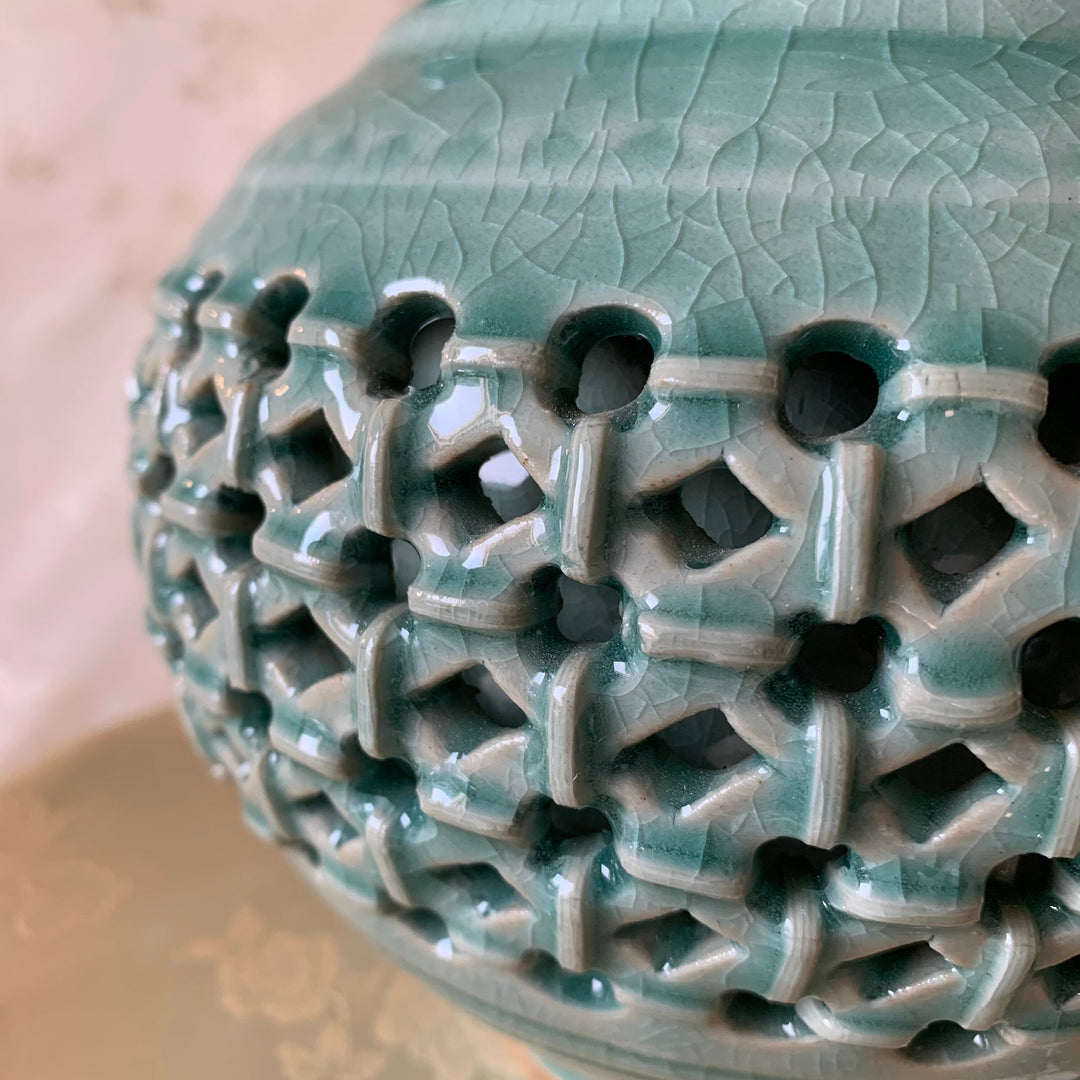 Celadon Double Wall Openwork Vase with Inlaid Cranes and Clouds Pattern (청자 상감 운학문 이중투각 병)