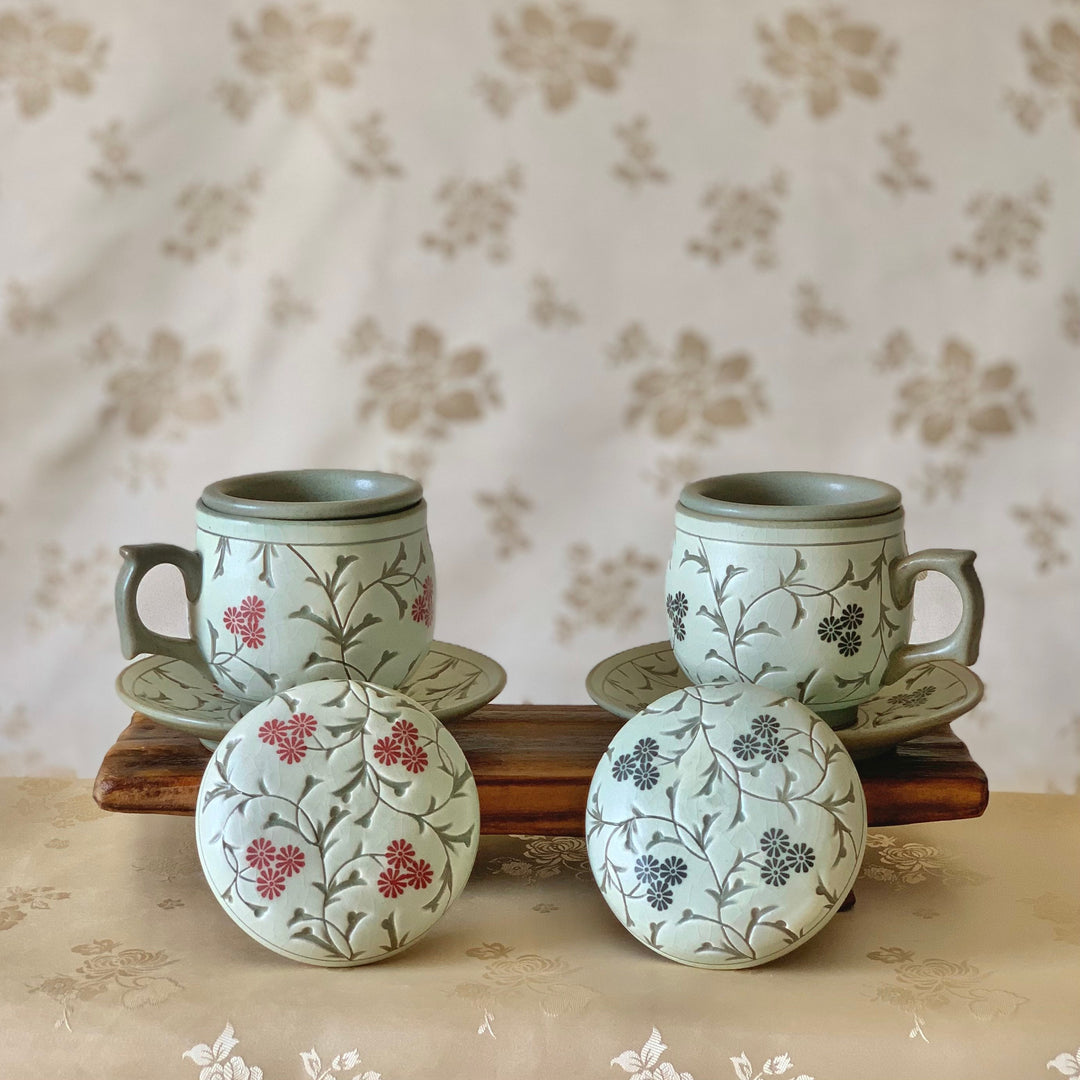Korean traditional tea cups set with plates- flowers pattern