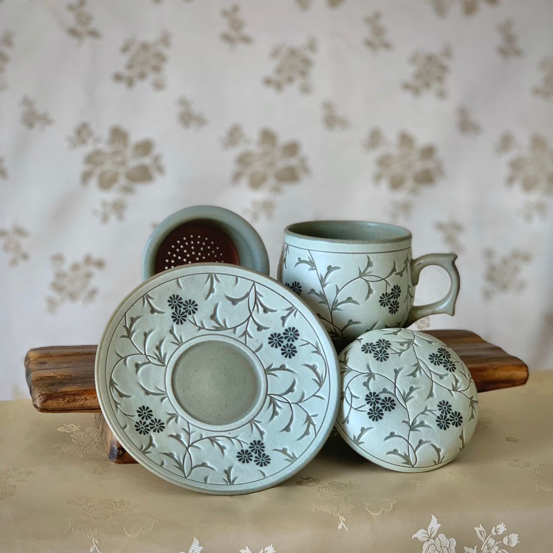 Korean traditional tea cup set with plate- blue flowers pattern