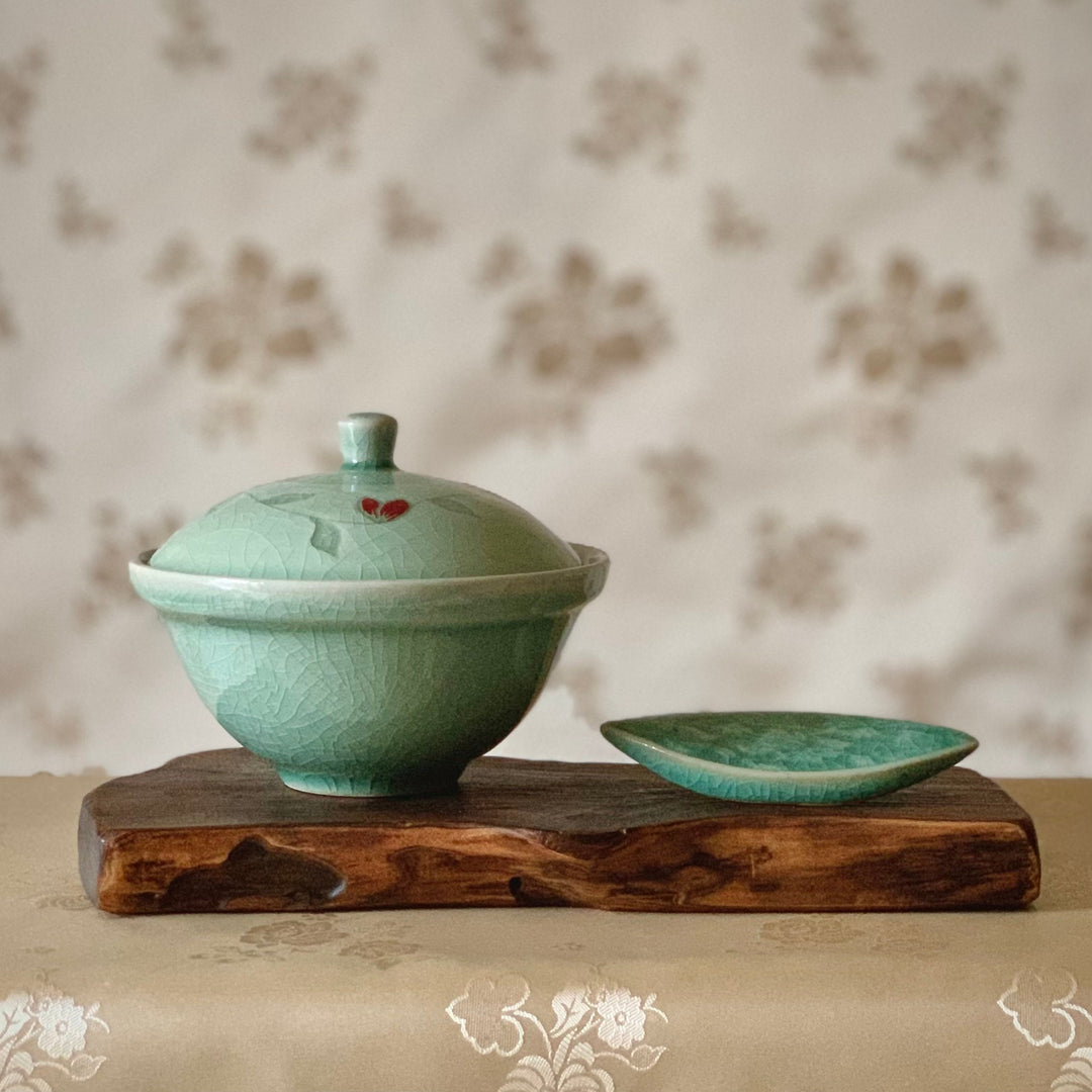 Celadon Soup Bowl Set with Flowers pattern Including Chopstick Rest