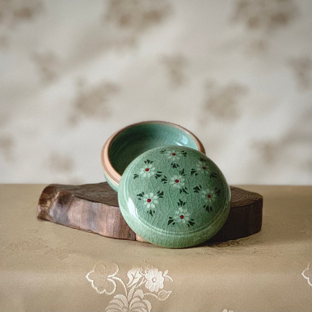 Celadon Covered Box with White Flowers- Medium Size