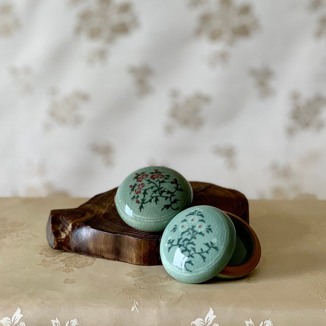 Celadon Covered Box with Red Flower Pattern- Small Size (청자 진사 목단문 합)