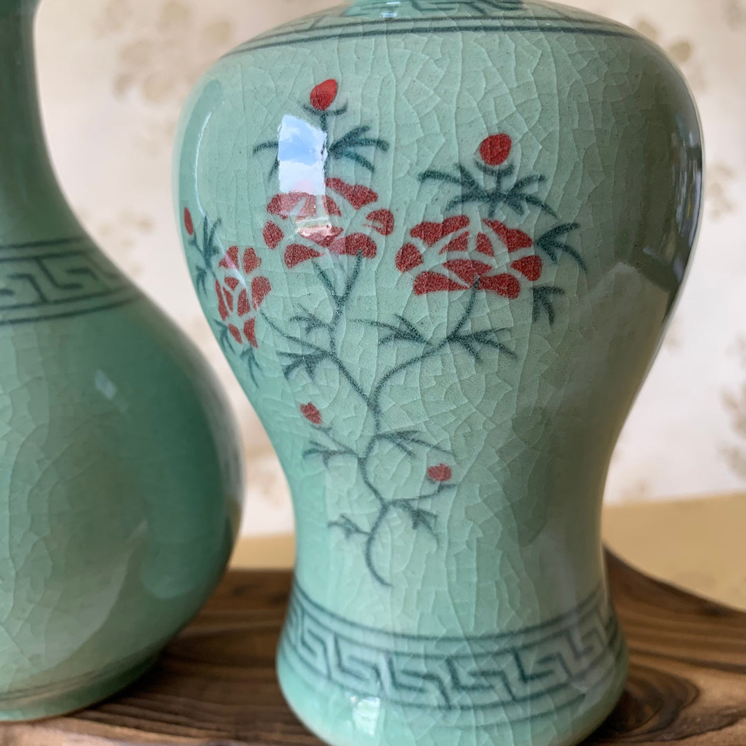 Korean traditional Celadon vase set with red flowers