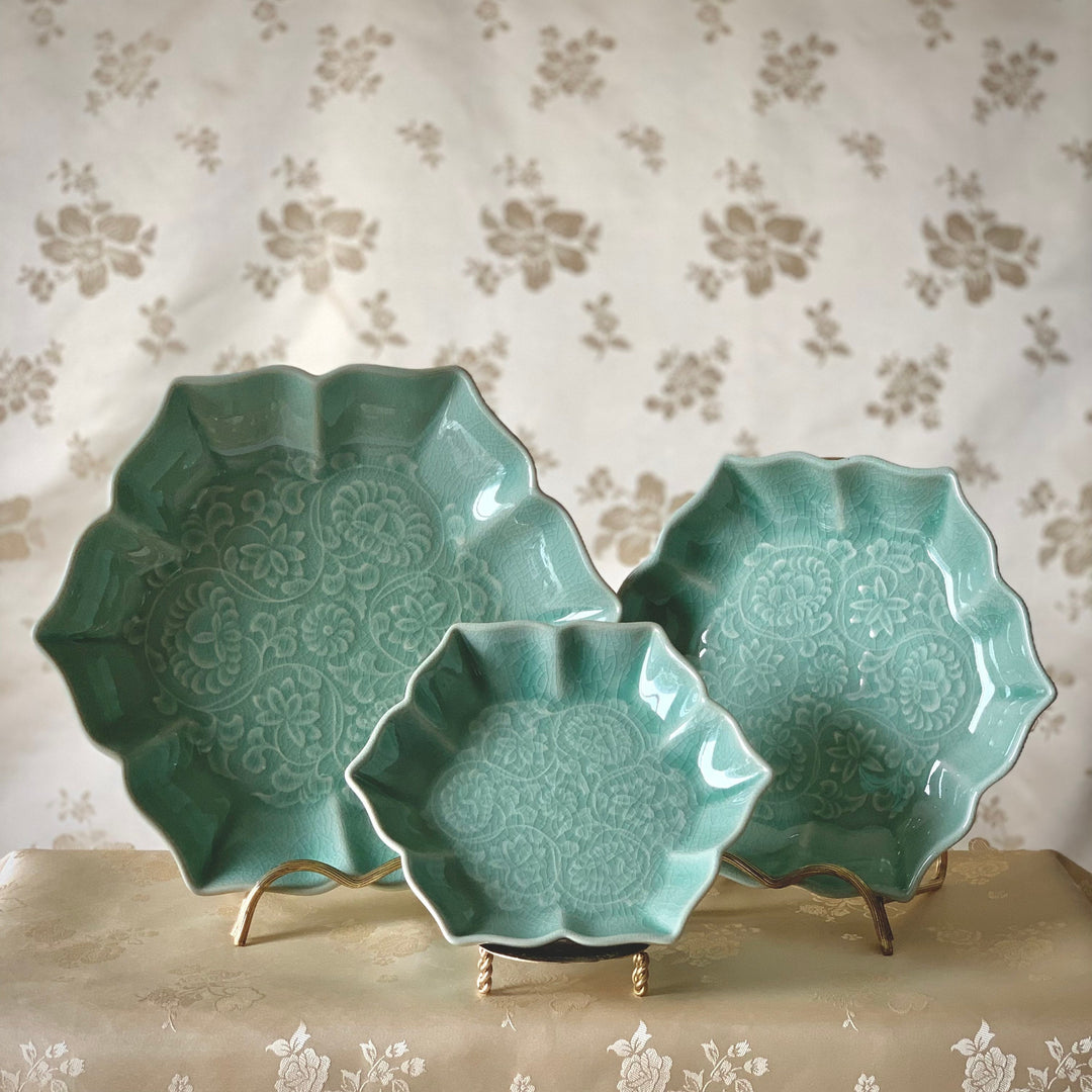Rare to find set of 3 Korean traditional Celadon plates with flowers pattern