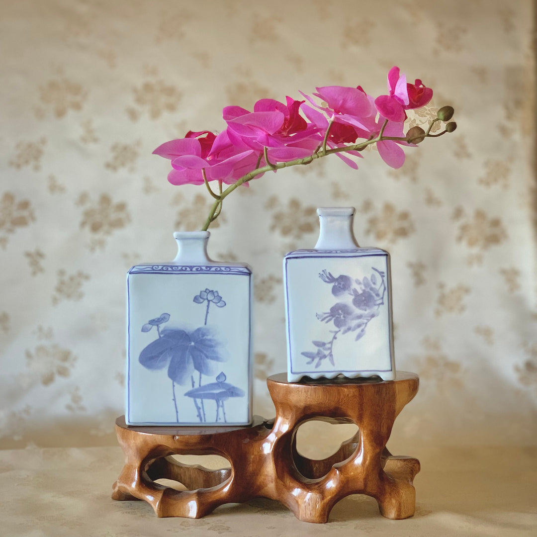Korean traditional white porcelain vase set with 4 flowers pattern
