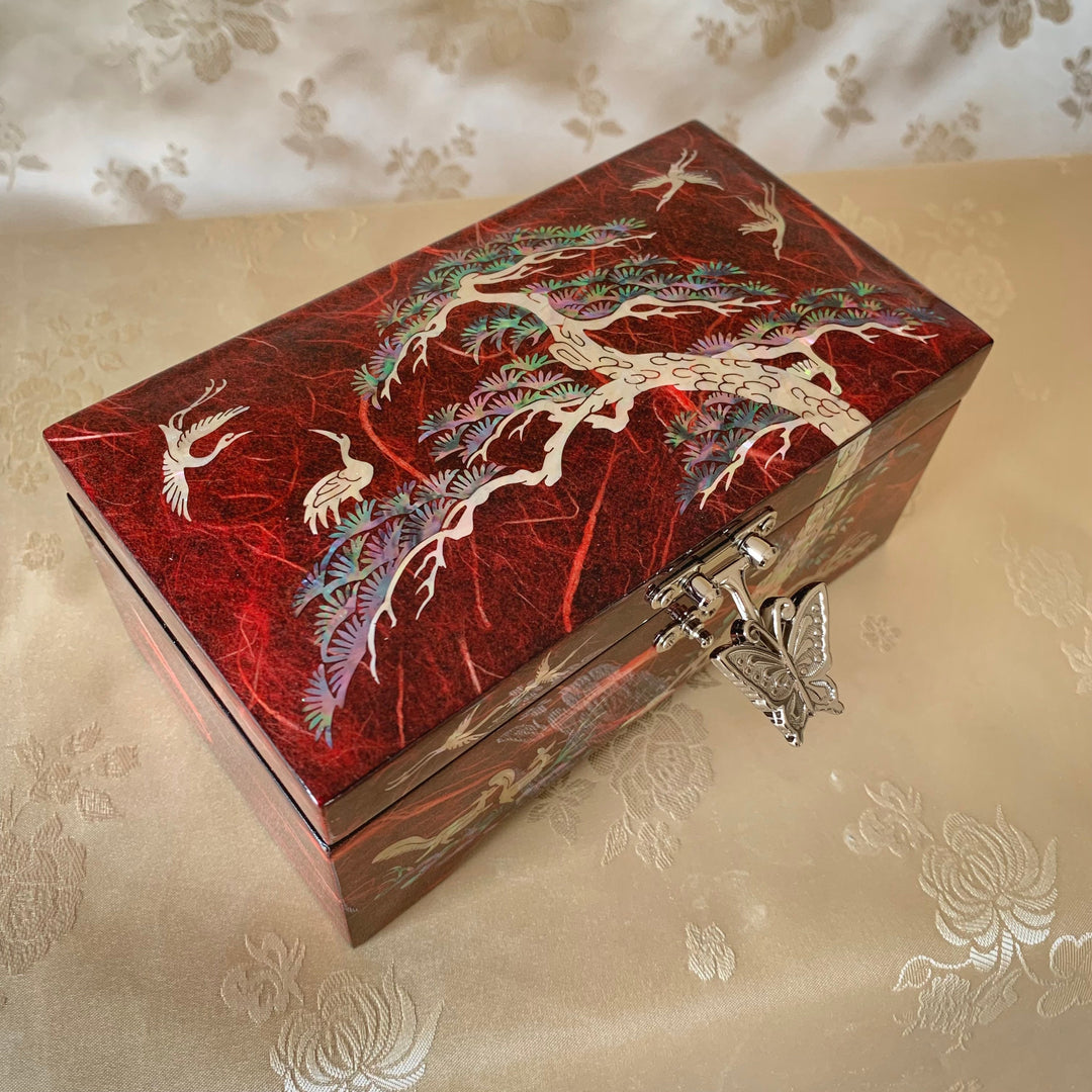 韓国の伝統的なマザーオブパール手作りジュエリーボックス松と鶴の模様赤