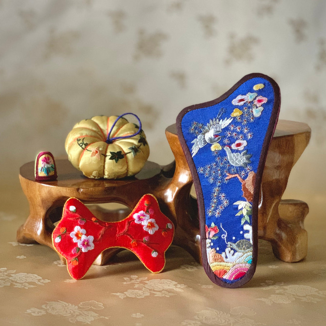 Korean traditional bojagi needle pin silk cushions, finger protector and scissors cover set