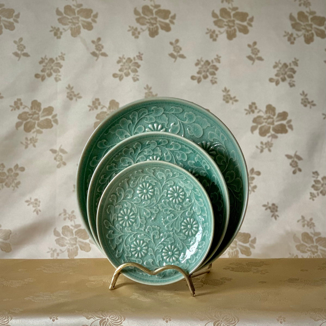 Rare to find set of 3 Korean traditional Celadon plates with flowers pattern
